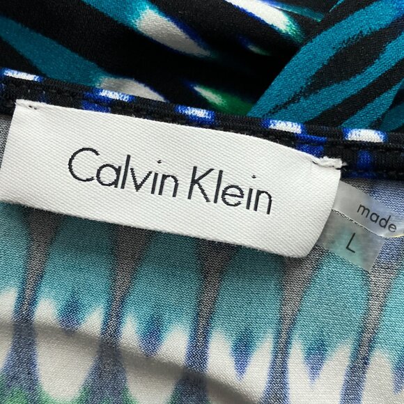 Calvin Klein Large L Blue Green Ikat Stretch Jersey Knit Sleeveless Shell Top - Picture 3 of 4